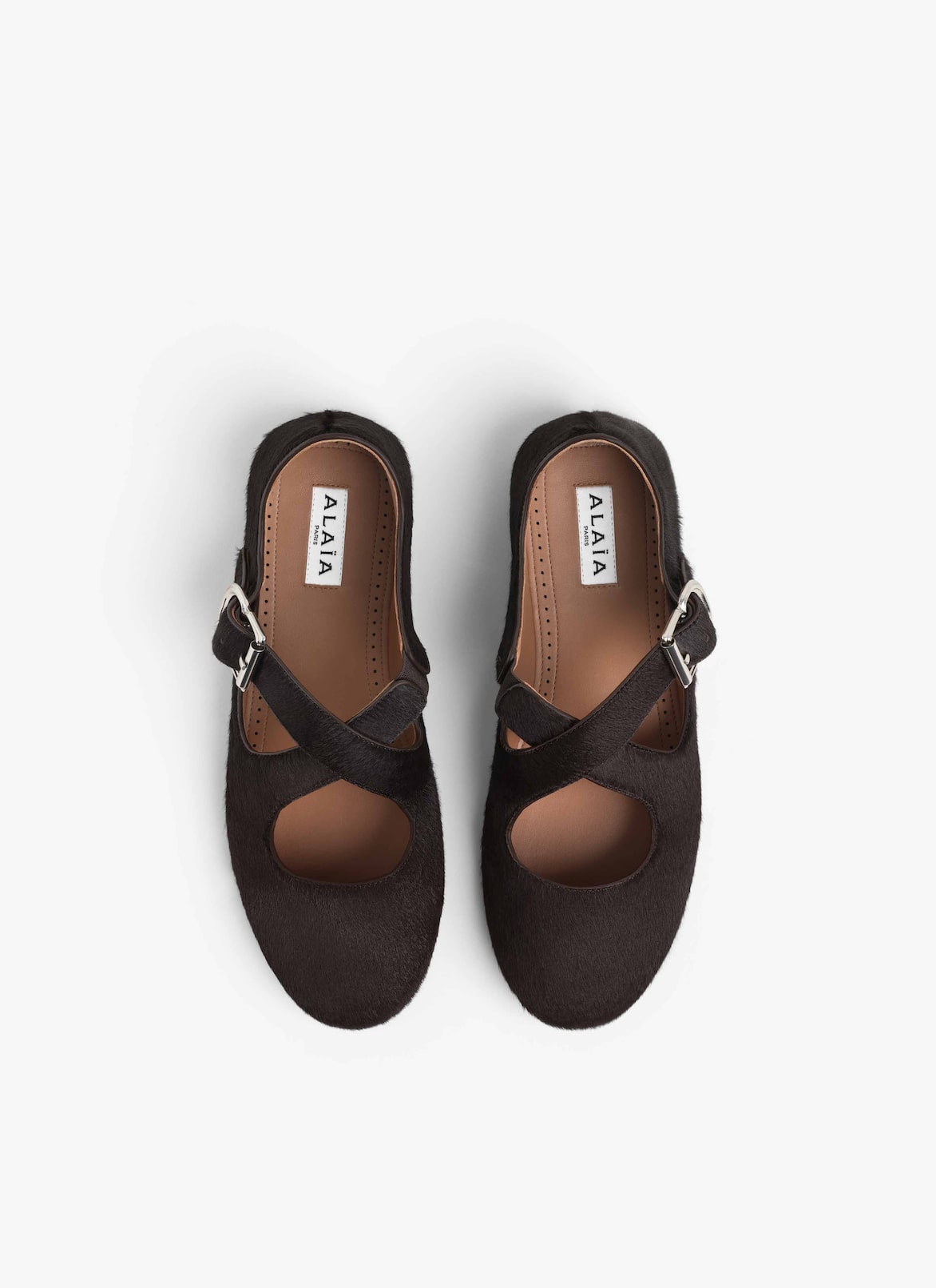 CRISS CROSS BALLET FLATS IN HAIRCALF ALAÏA CHOCOLATE CRISS CROSS BALLET FLATS IN HAIRCALF